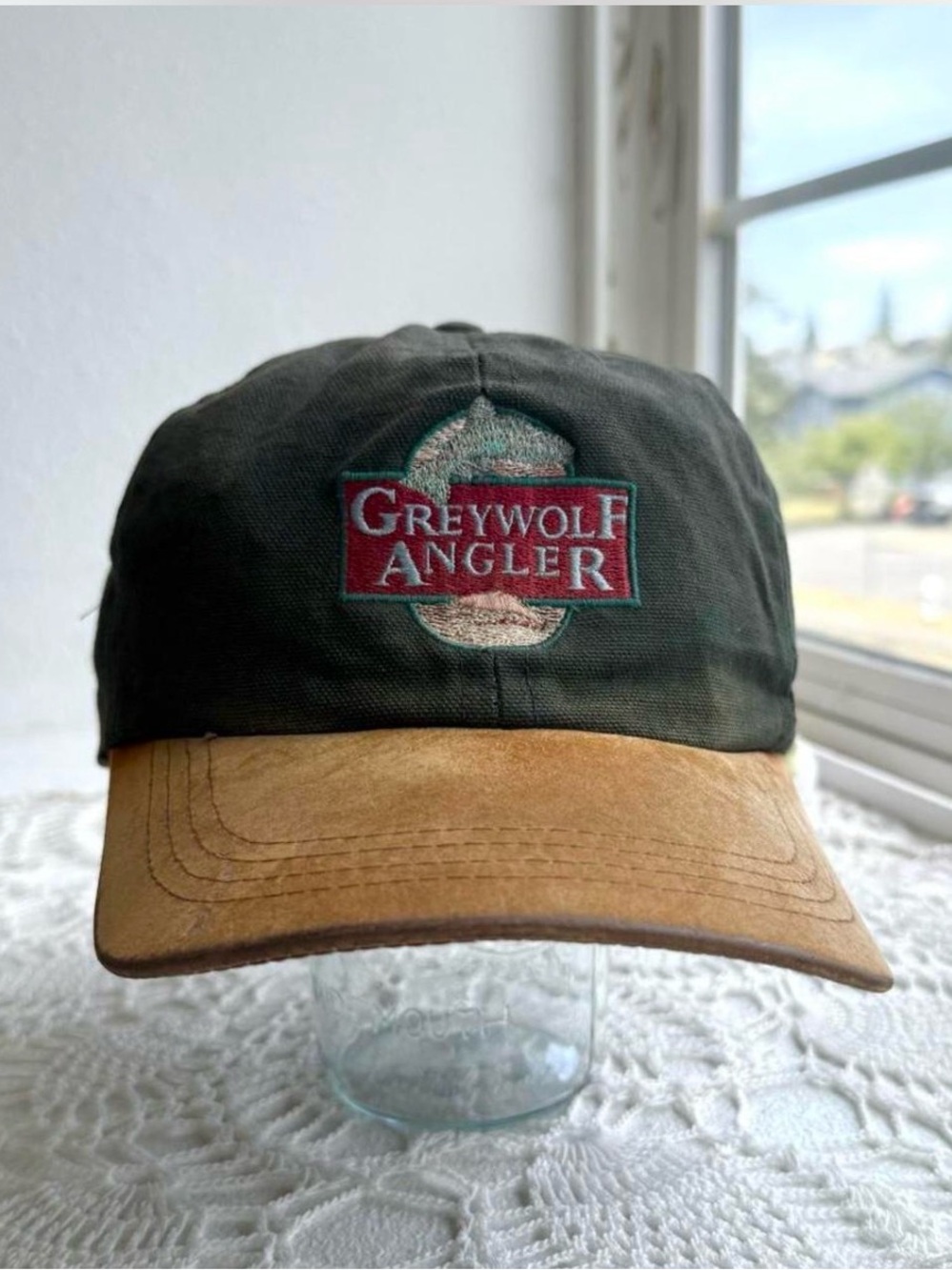 Vintage 90s Greywolf Angler USA Made Fishing Dad Hat Leather Strap🎣